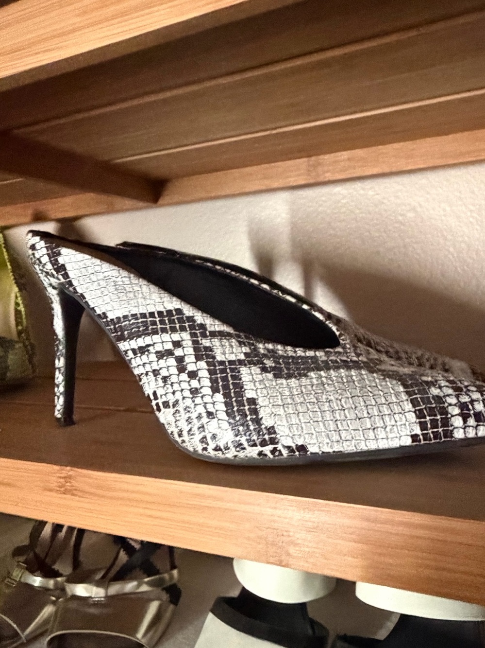 Nine West Black and White Snakeskin Pointed Mule Heels